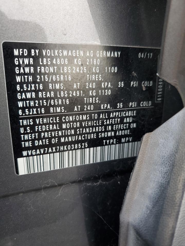 2017 Volkswagen Tiguan S VIN: WVGAV7AX7HK038525 Lot: 90894585