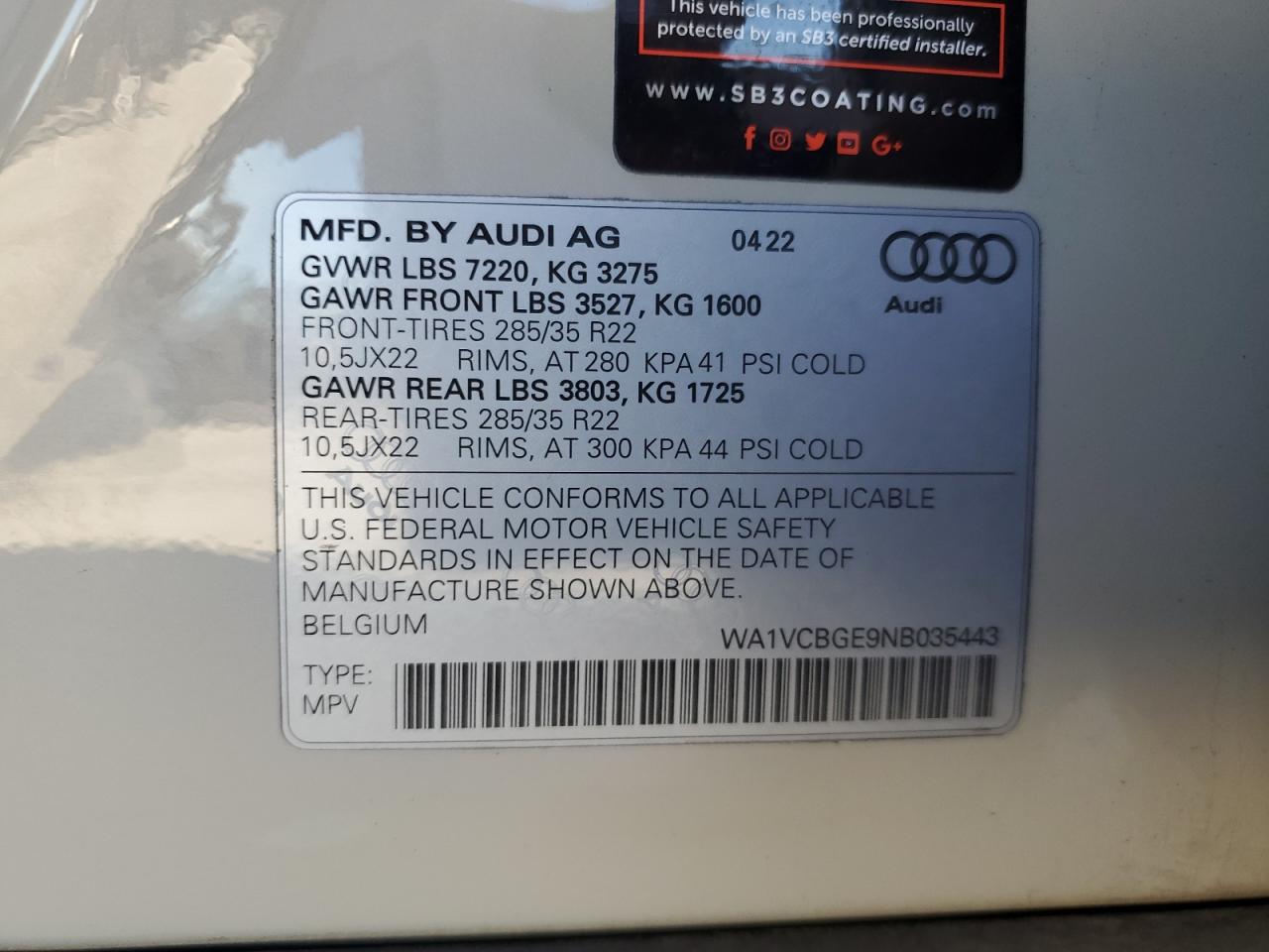 2022 Audi E-Tron S Prestige VIN: WA1VCBGE9NB035443 Lot: 85648455