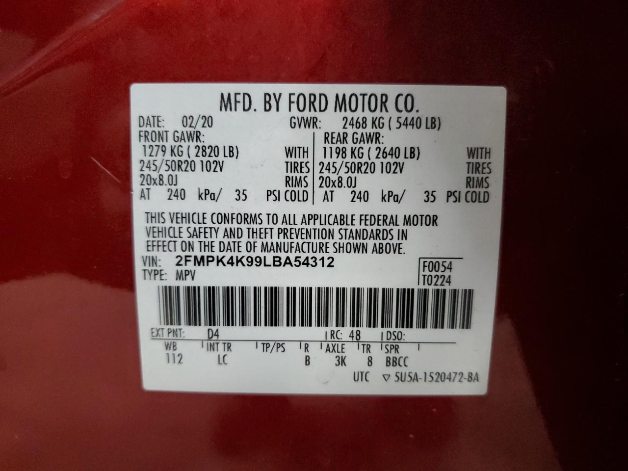 2020 Ford Edge Titanium VIN: 2FMPK4K99LBA54312 Lot: 86499275