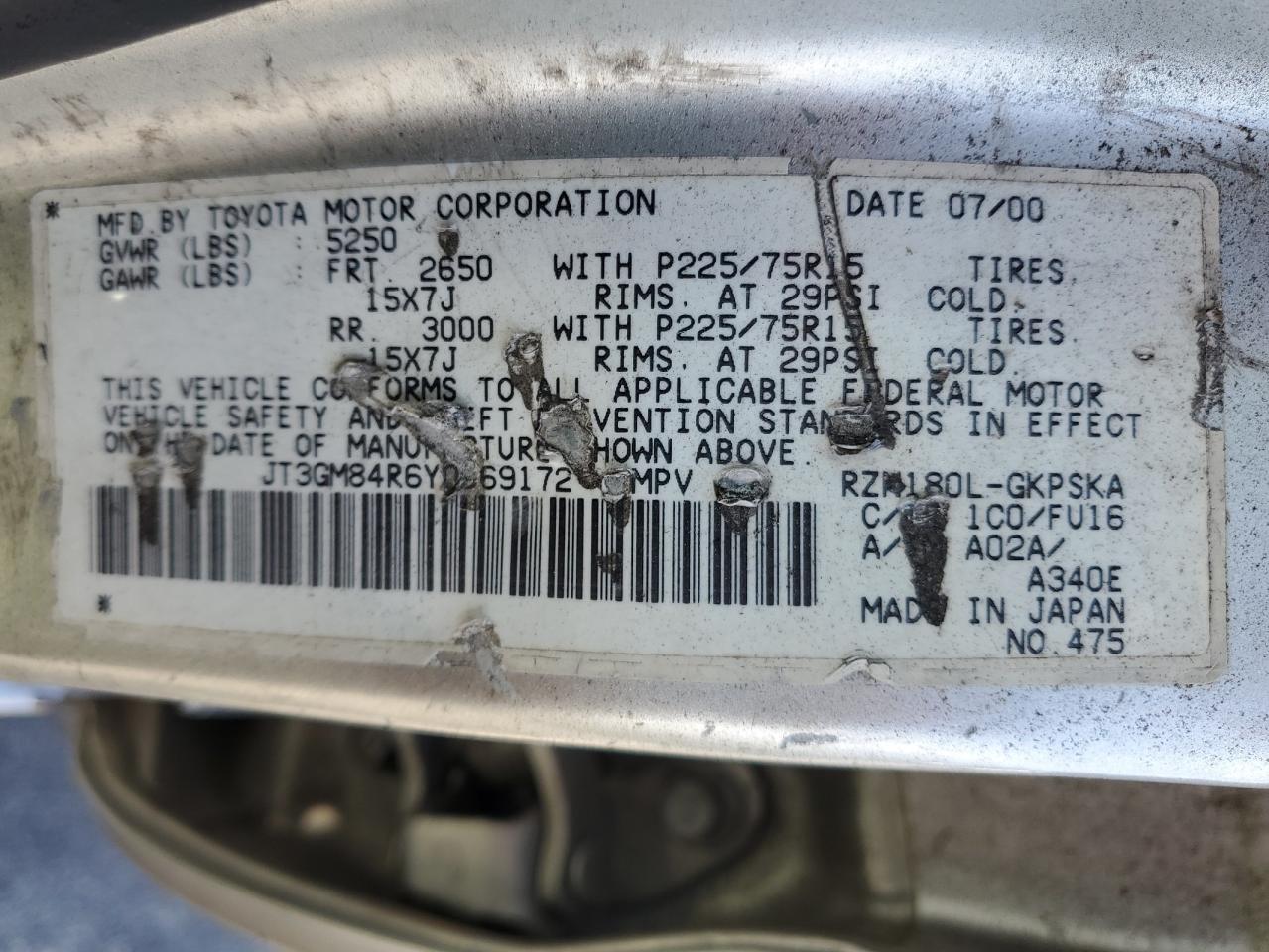 2000 Toyota 4Runner VIN: JT3GM84R6Y0069172 Lot: 81380305