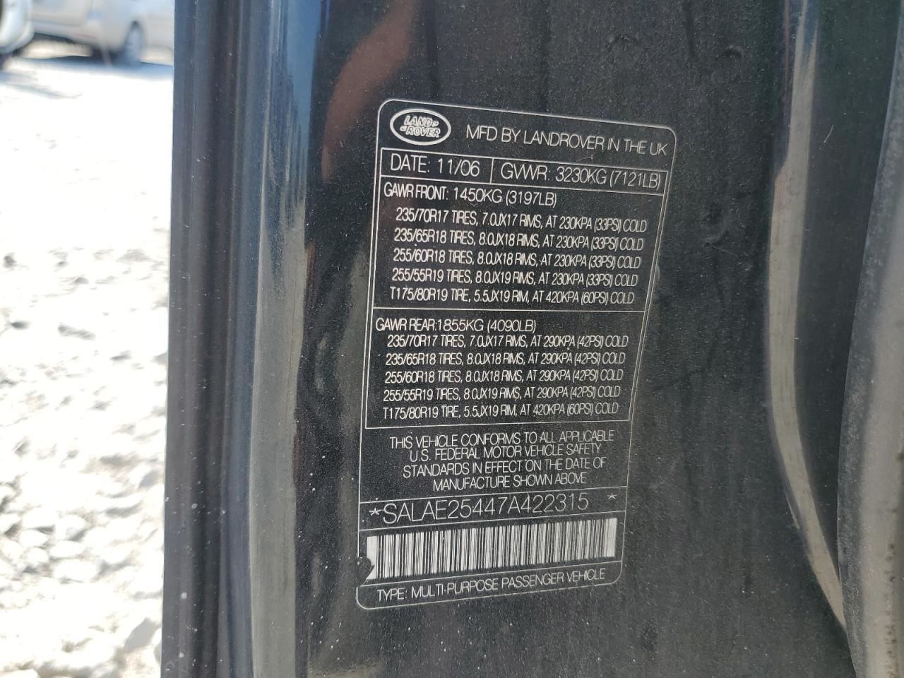 2007 Land Rover Lr3 Se VIN: SALAE25447A422315 Lot: 89638515