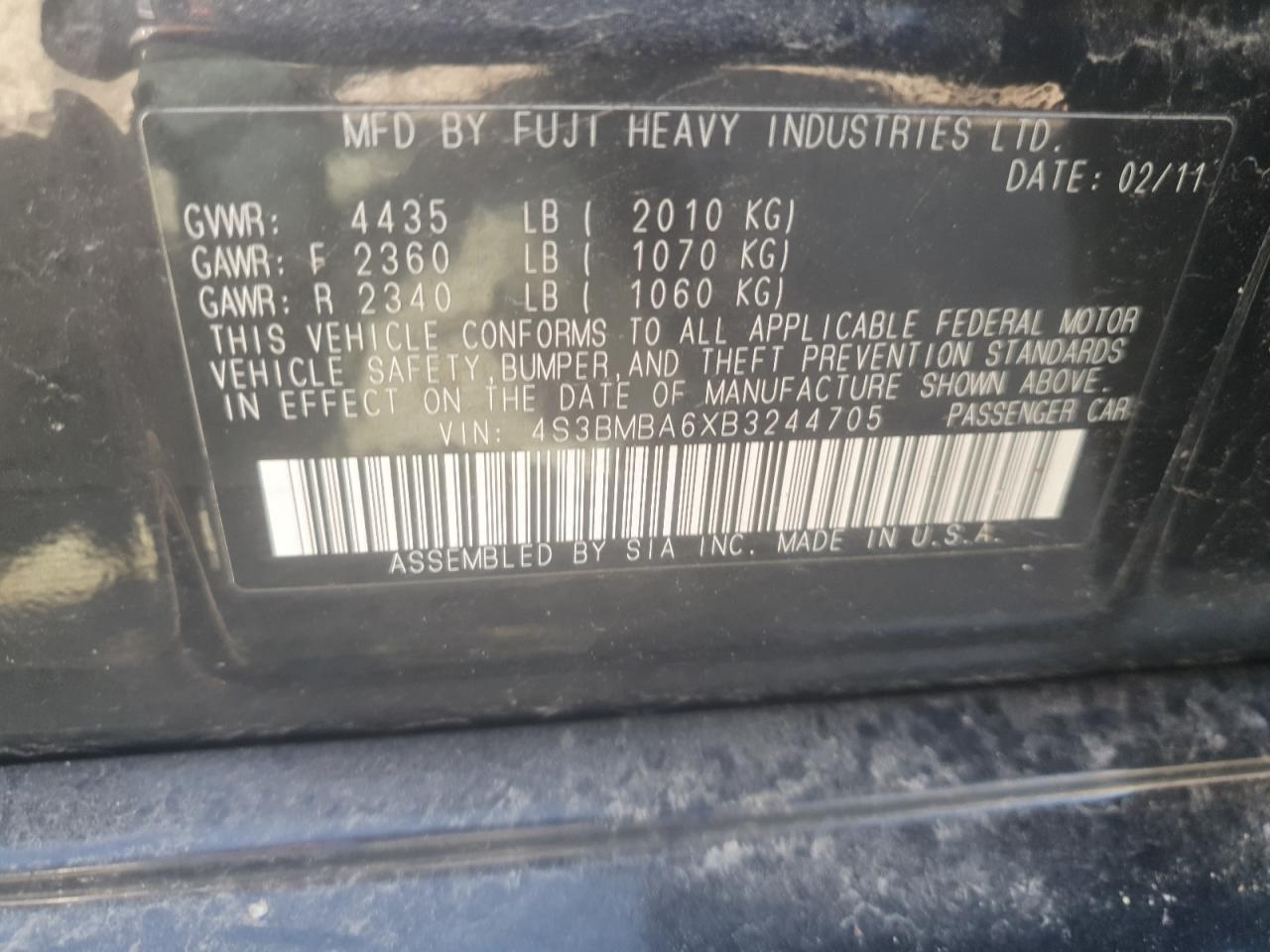 2011 Subaru Legacy 2.5I VIN: 4S3BMBA6XB3244705 Lot: 84999455