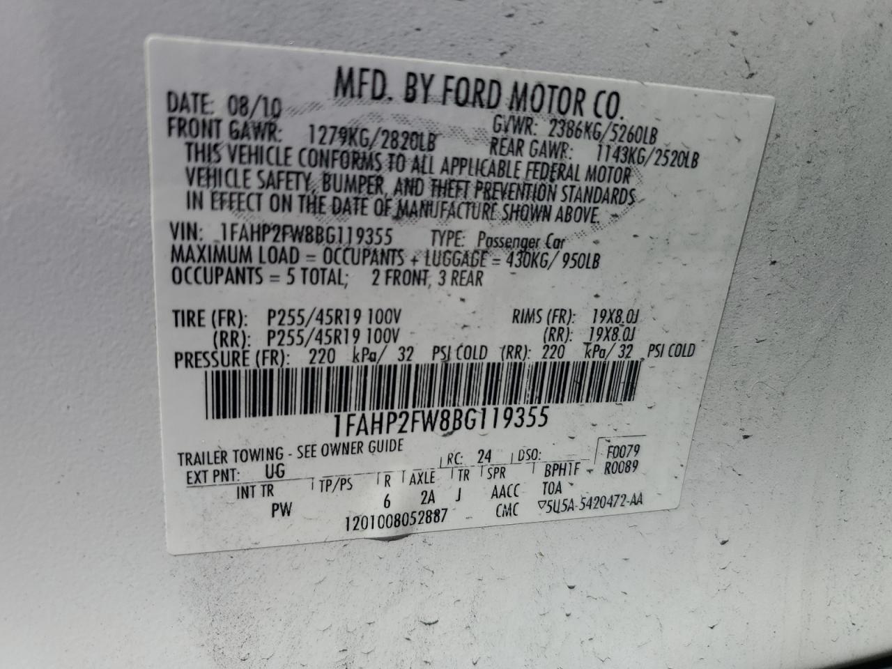 2011 Ford Taurus Limited VIN: 1FAHP2FW8BG119355 Lot: 87475175