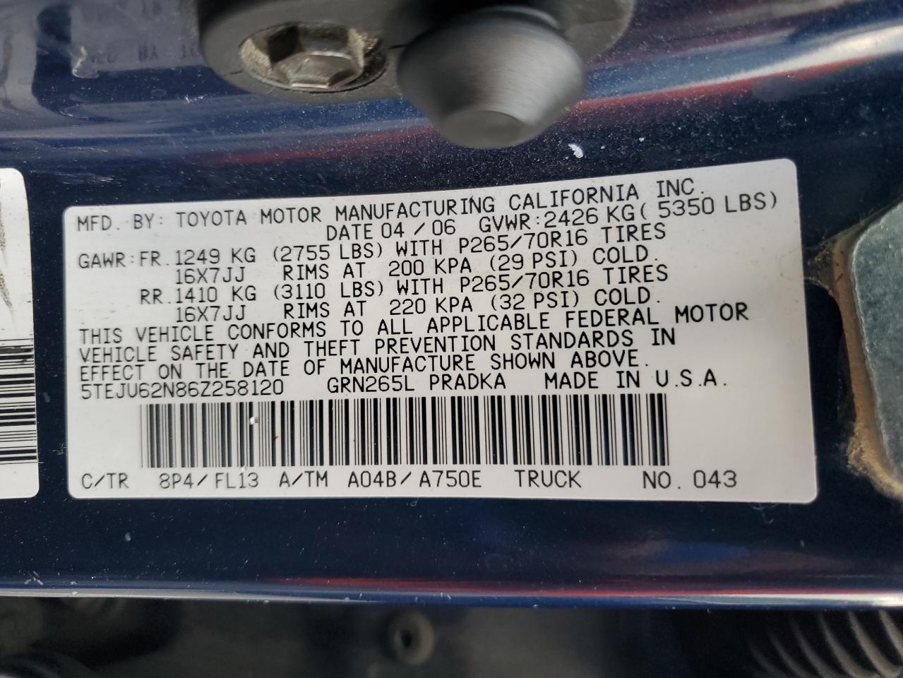 2006 Toyota Tacoma Double Cab Prerunner VIN: 5TEJU62N86Z258120 Lot: 82278315