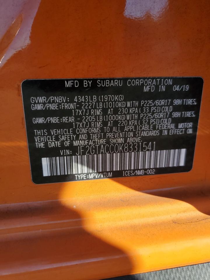 2019 Subaru Crosstrek Premium VIN: JF2GTACC0K8331541 Lot: 85505015