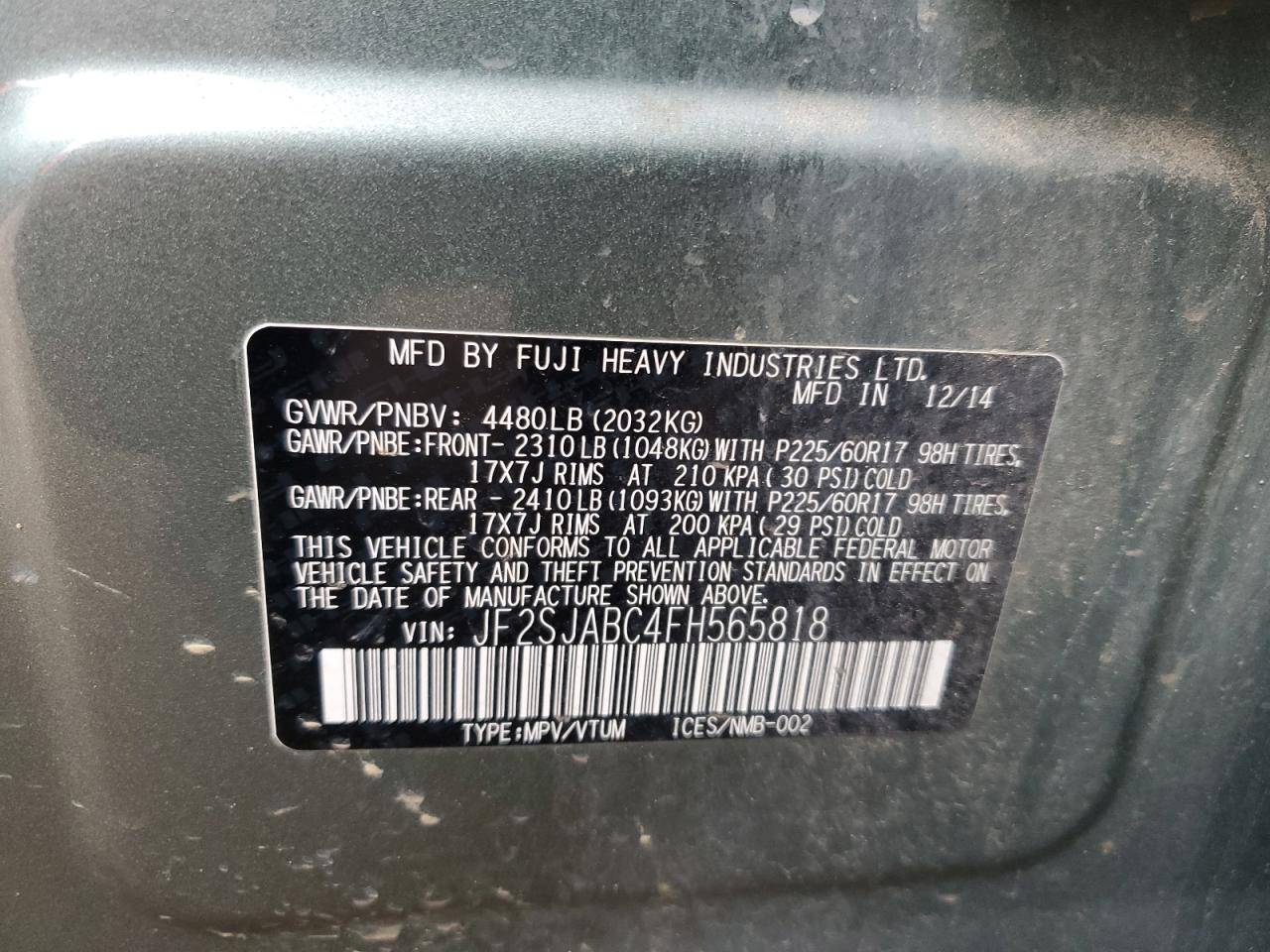 2015 Subaru Forester 2.5I VIN: JF2SJABC4FH565818 Lot: 82343385