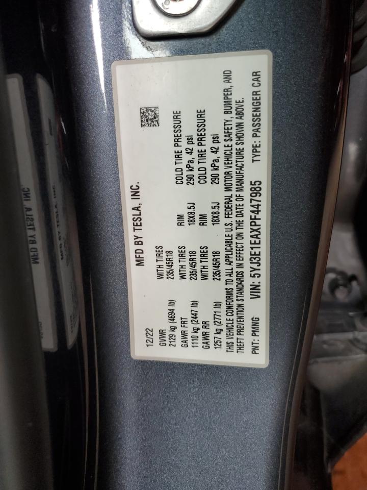 2023 Tesla Model 3 VIN: 5YJ3E1EAXPF447985 Lot: 85120255
