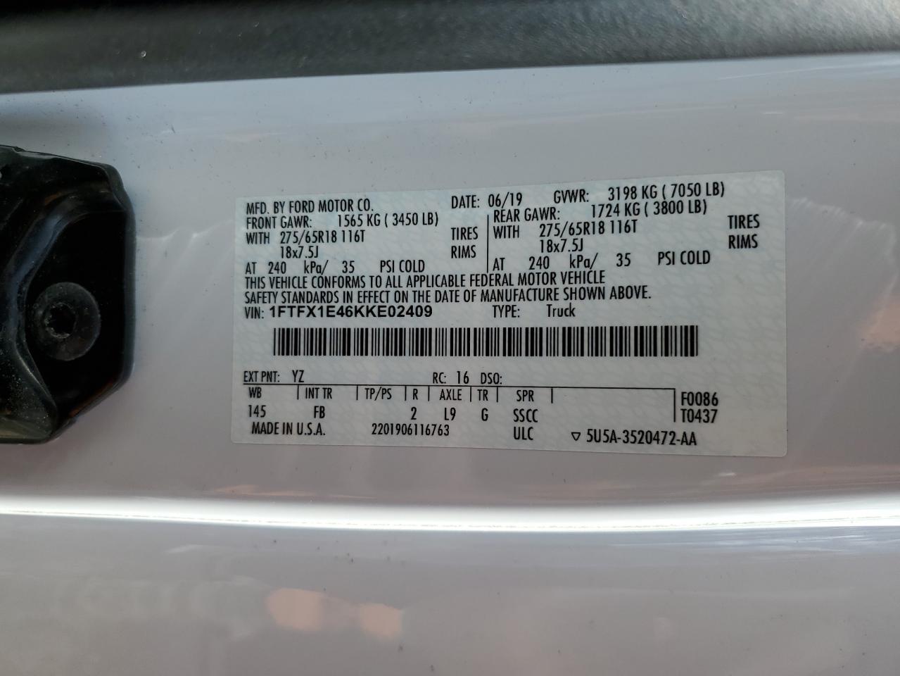 2019 Ford F150 Super Cab VIN: 1FTFX1E46KKE02409 Lot: 84708005