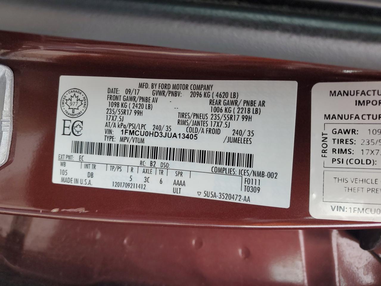 2018 Ford Escape Sel VIN: 1FMCU0HD3JUA13405 Lot: 82449845