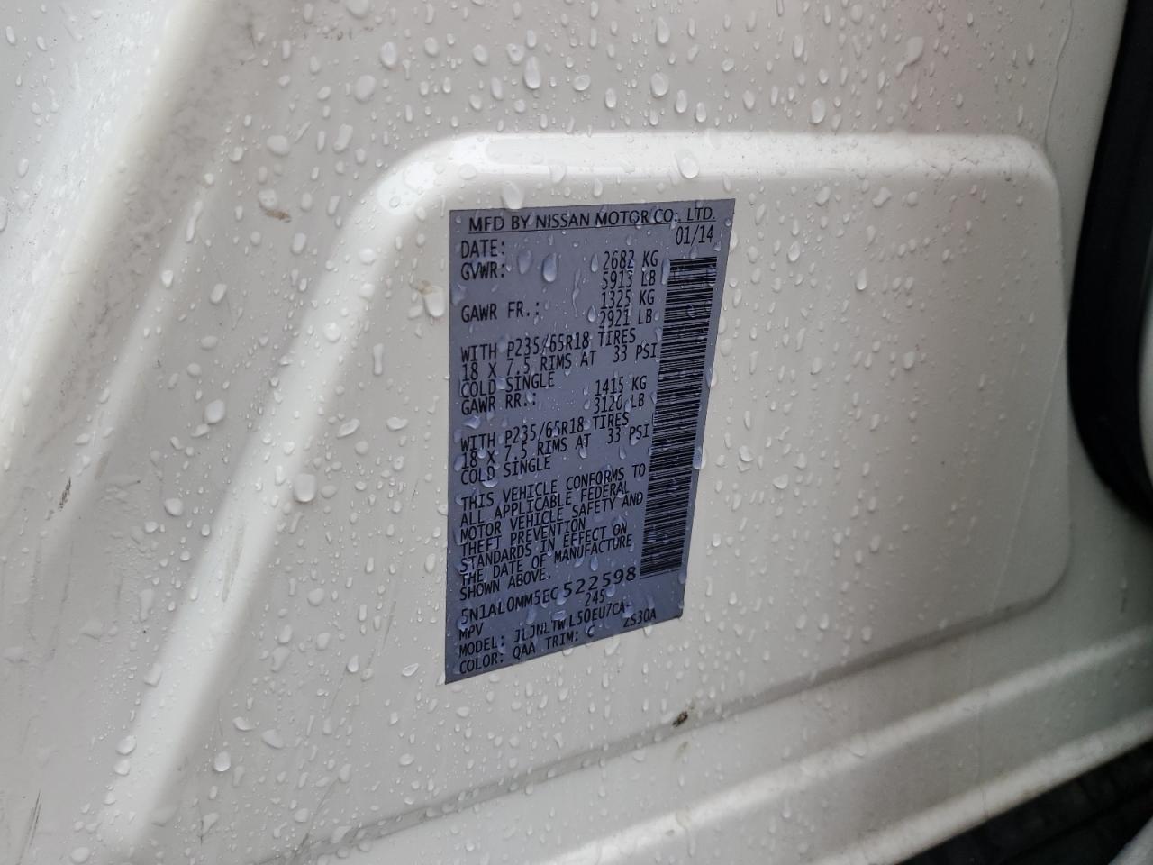 2014 Infiniti Qx60 VIN: 5N1AL0MM5EC522598 Lot: 90660045