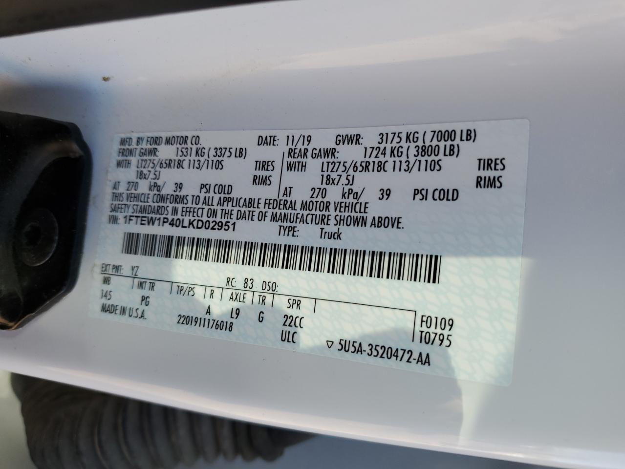 2020 Ford F150 Police Responder VIN: 1FTEW1P40LKD02951 Lot: 82270775