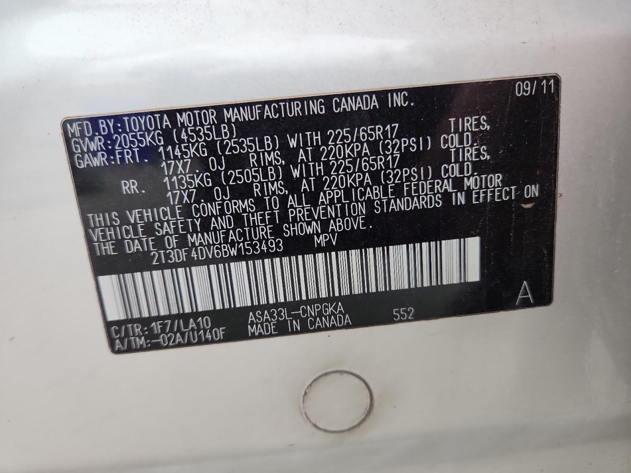 2011 Toyota Rav4 Limited VIN: 2T3DF4DV6BW153493 Lot: 84895235