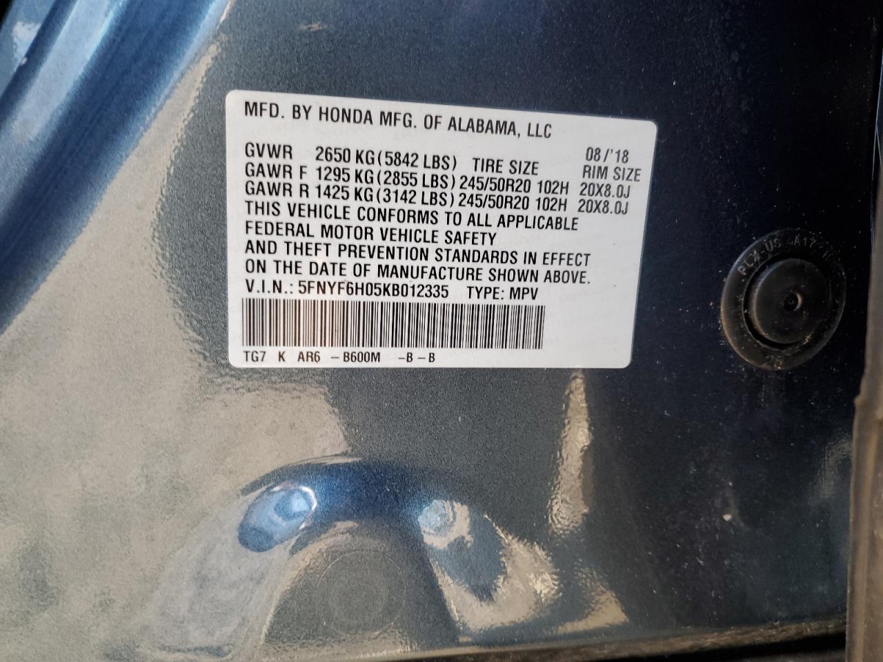 2019 Honda Pilot Elite VIN: 5FNYF6H05KB012335 Lot: 85012165