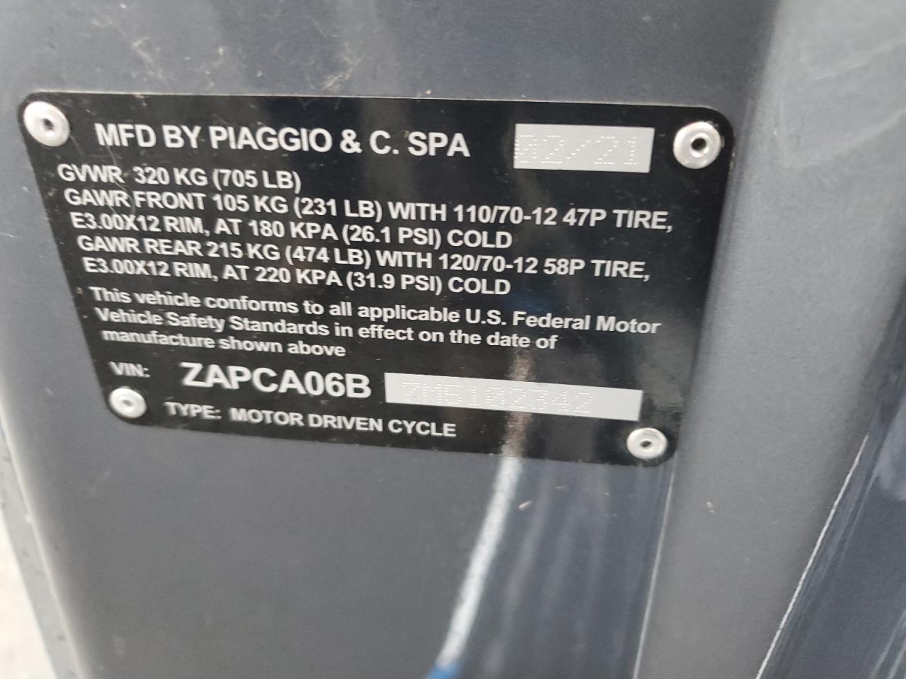 2021 Vespa Primavera/Sprint 50 VIN: ZAPCA06B7M5102342 Lot: 86157805