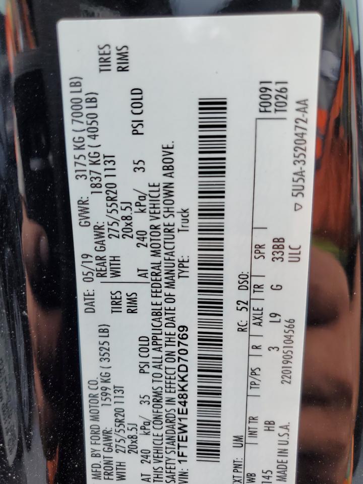 2019 Ford F150 Supercrew VIN: 1FTEW1E48KKD70769 Lot: 84741985