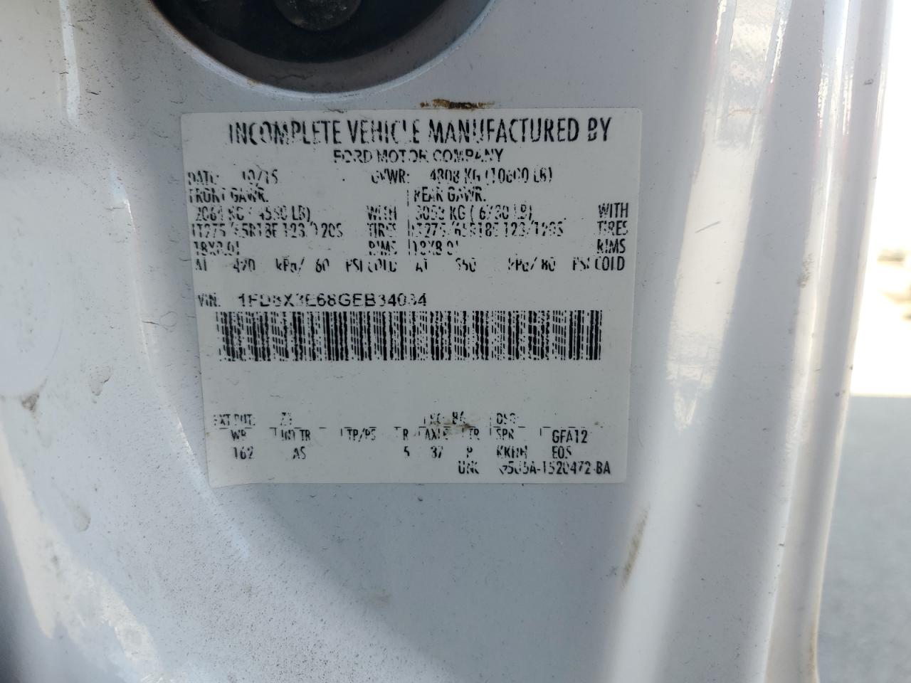 2016 Ford F350 Super Duty VIN: 1FD8X3E68GEB34034 Lot: 89499825