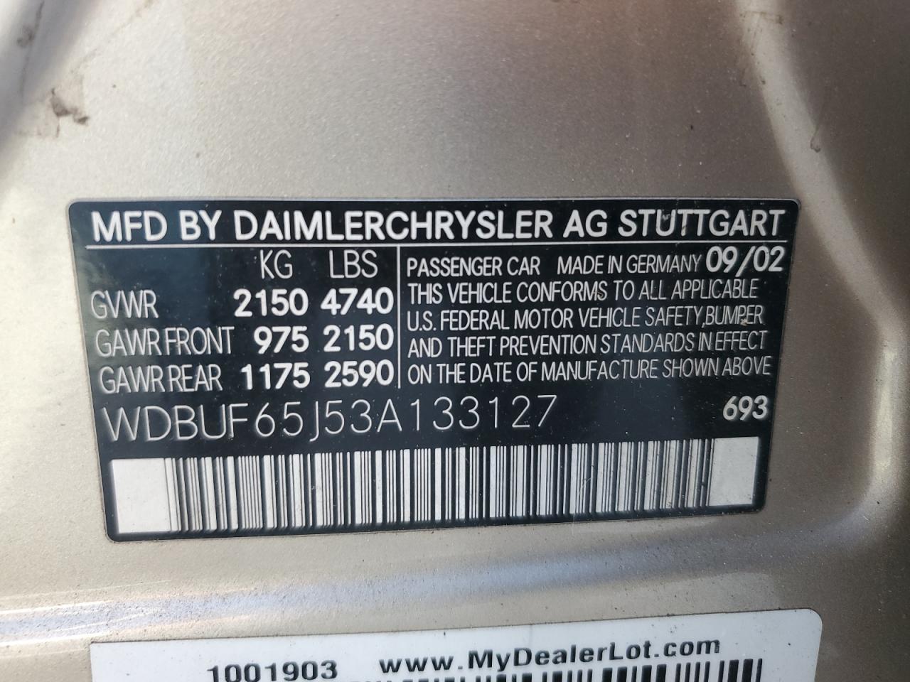 2003 Mercedes-Benz E 320 VIN: WDBUF65J53A133127 Lot: 86203275