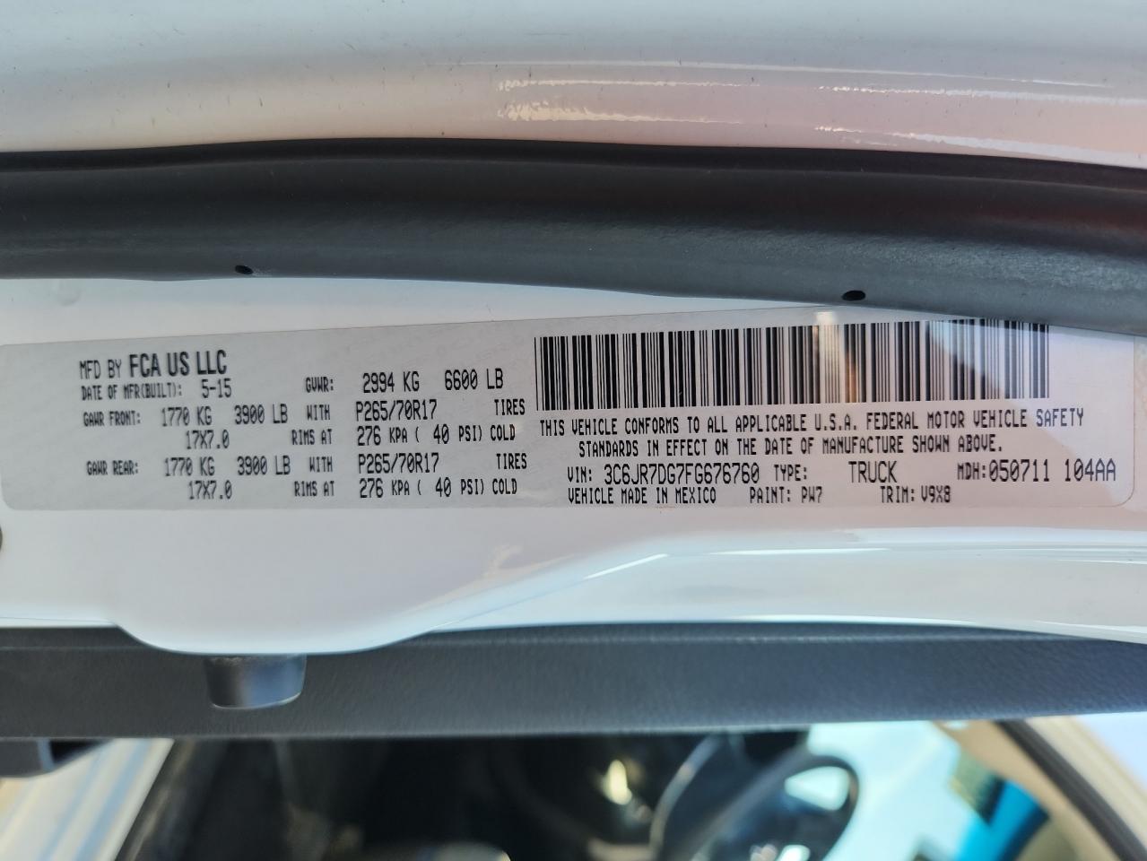 2015 Ram 1500 St VIN: 3C6JR7DG7FG676760 Lot: 89807185