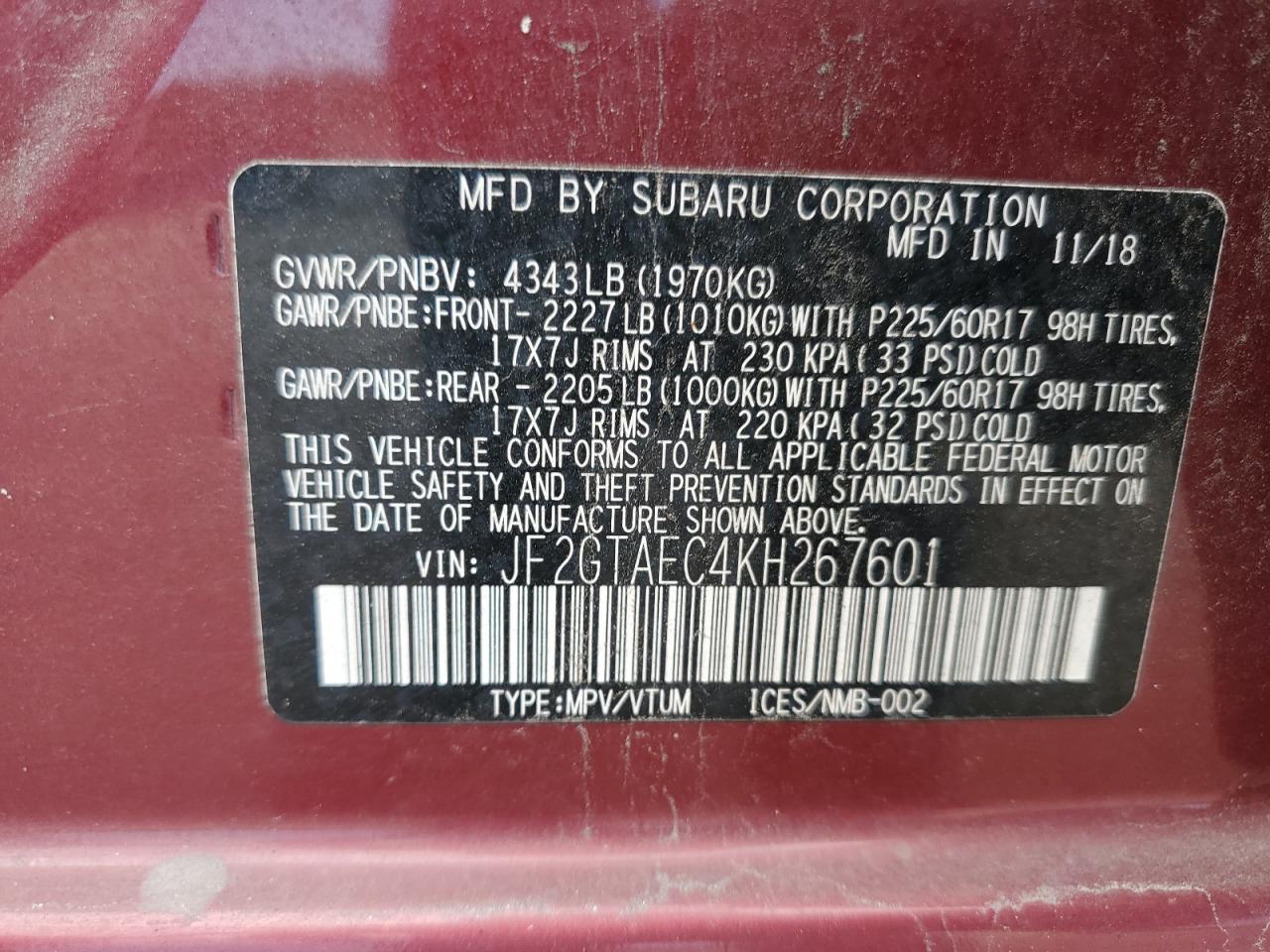 2019 Subaru Crosstrek Premium VIN: JF2GTAEC4KH267601 Lot: 81984965