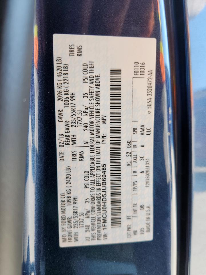 2018 Ford Escape Sel VIN: 1FMCU0HD5JUB60485 Lot: 82474025