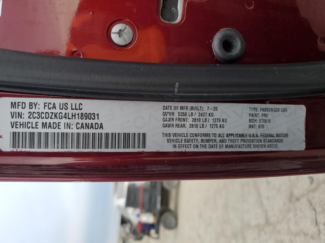 2020 Dodge Challenger Gt VIN: 2C3CDZKG4LH189031 Lot: 82472905