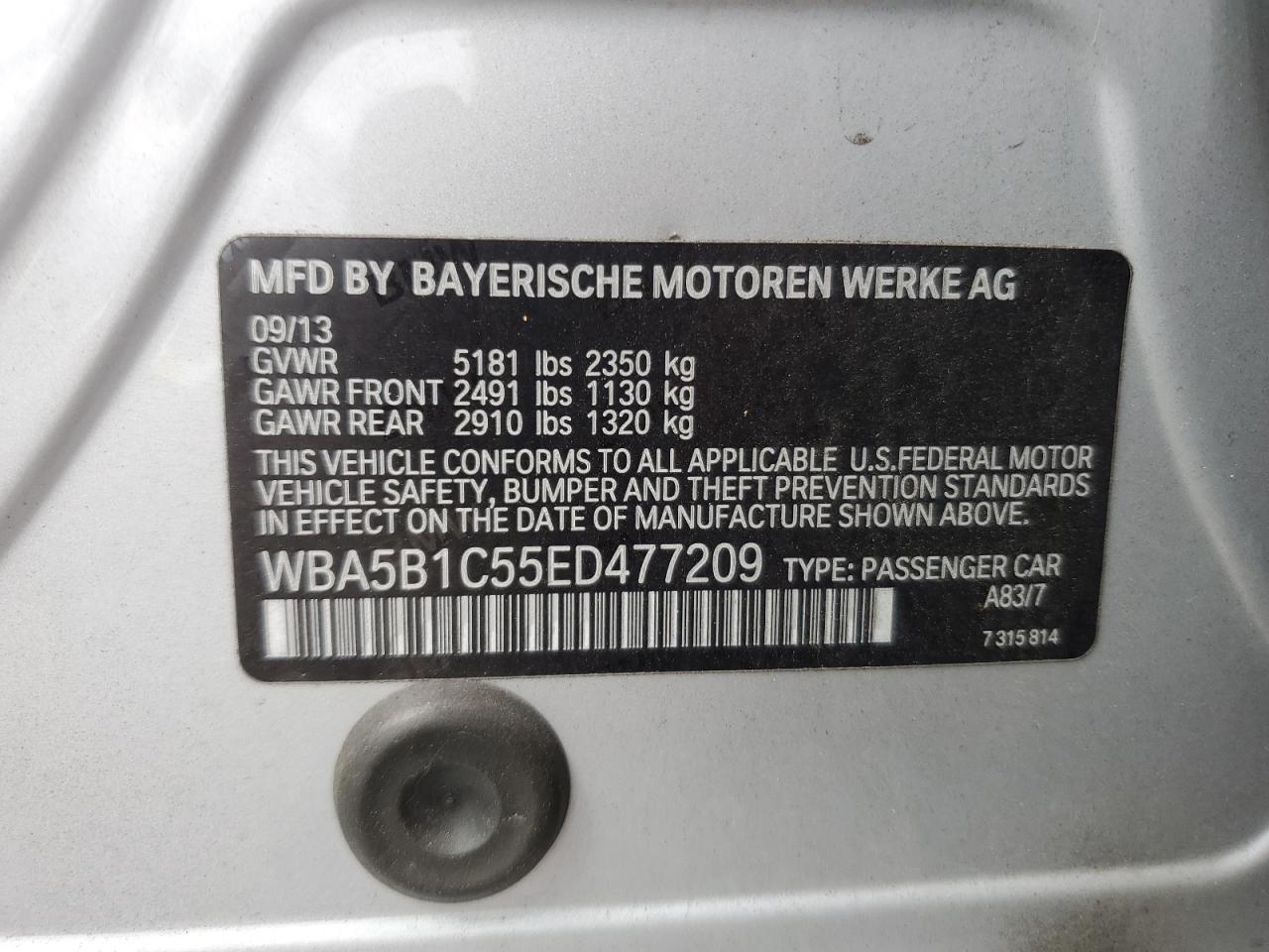 2014 BMW 535 I VIN: WBA5B1C55ED477209 Lot: 82356865