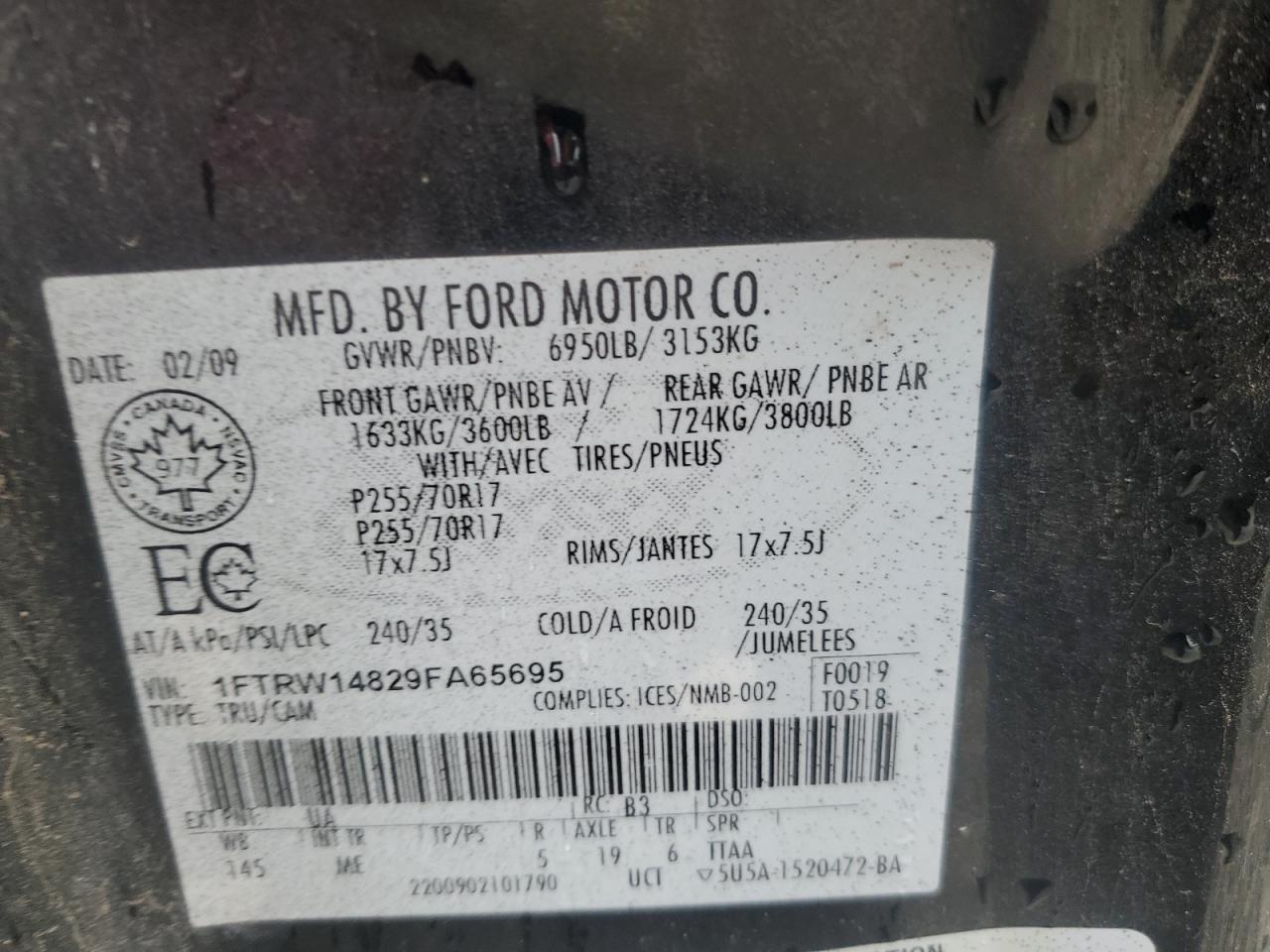 2009 Ford F150 Supercrew VIN: 1FTRW14829FA65695 Lot: 84202345