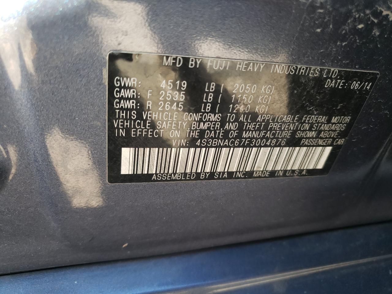 2015 Subaru Legacy 2.5I Premium VIN: 4S3BNAC67F3004876 Lot: 89663215