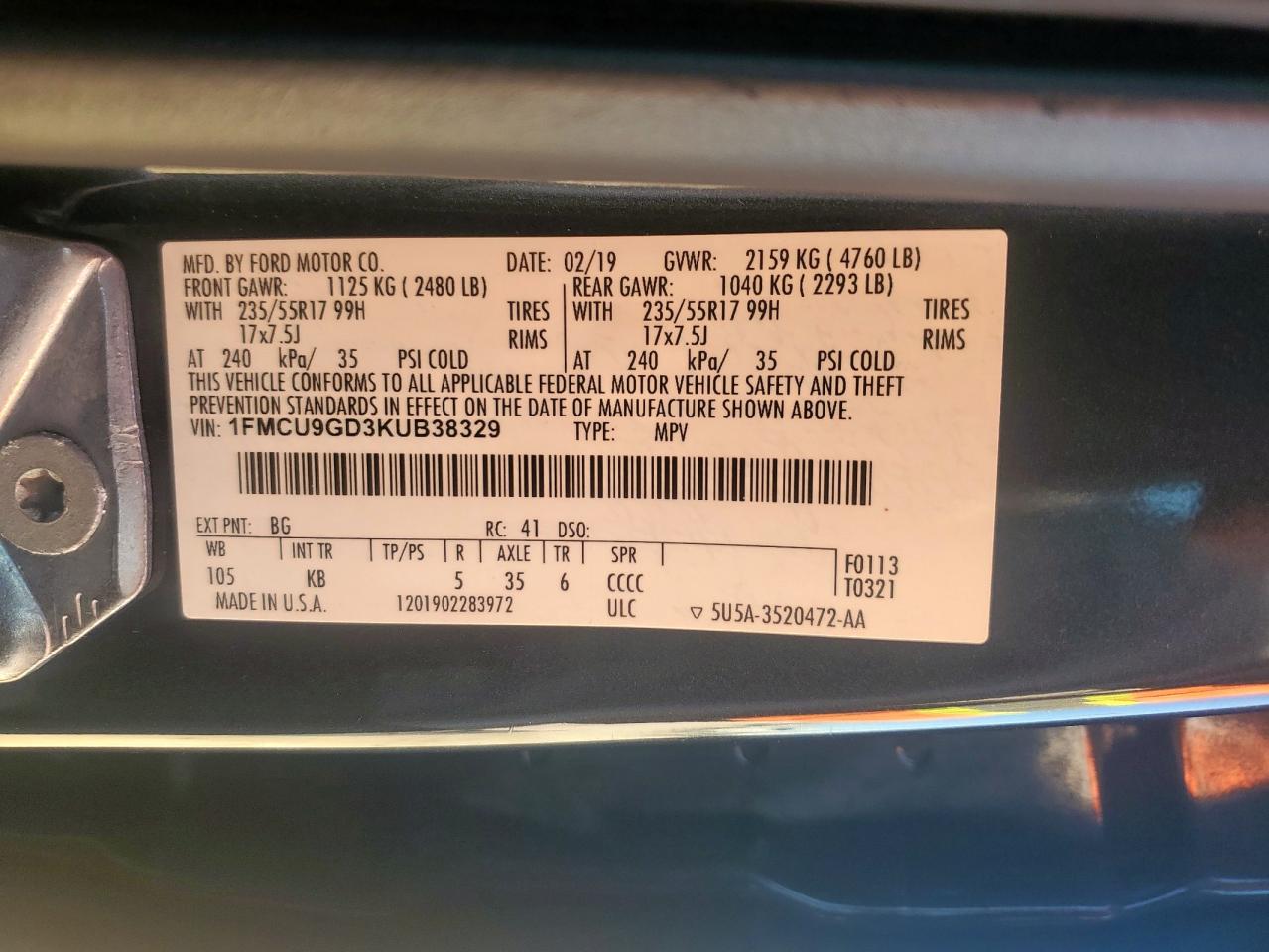 2019 Ford Escape Se VIN: 1FMCU9GD3KUB38329 Lot: 82392045