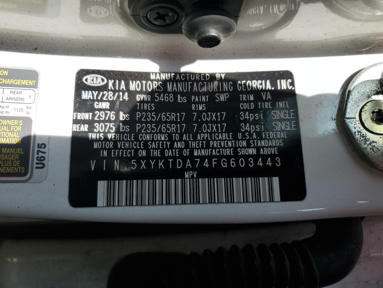 2015 Kia Sorento Lx VIN: 5XYKTDA74FG603443 Lot: 82333485