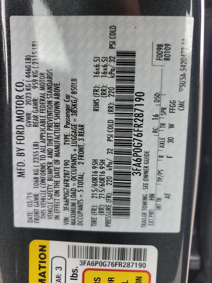 2015 Ford Fusion S VIN: 3FA6P0G76FR287190 Lot: 84584375