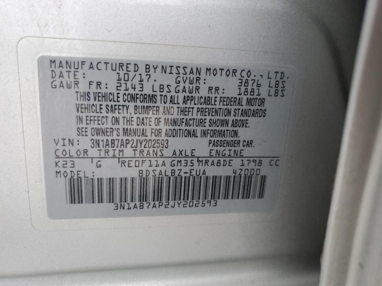 2018 Nissan Sentra S VIN: 3N1AB7AP2JY202593 Lot: 89544875