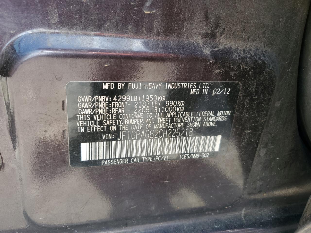 2012 Subaru Impreza Limited VIN: JF1GPAG62CH225218 Lot: 85750685