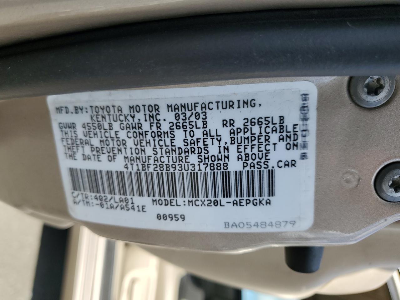 2003 Toyota Avalon Xl VIN: 4T1BF28B93U317888 Lot: 85651775