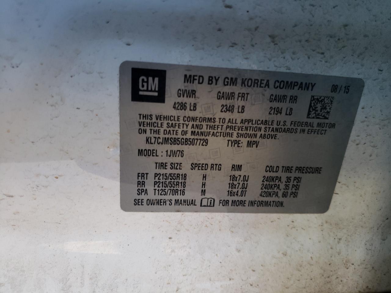 2016 Chevrolet Trax Ltz VIN: KL7CJMSB5GB507729 Lot: 82187645
