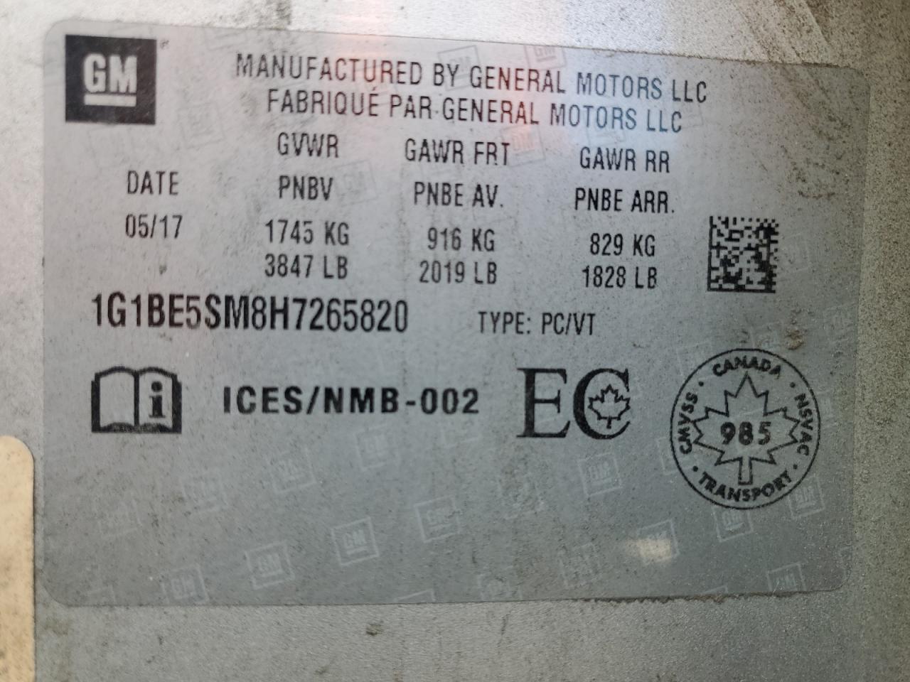 2017 Chevrolet Cruze Lt VIN: 1G1BE5SM8H7265820 Lot: 81954245