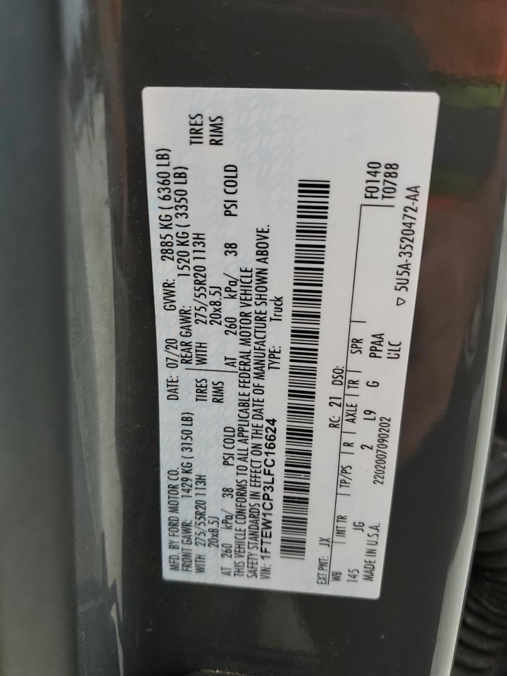 2020 Ford F150 Supercrew VIN: 1FTEW1CP3LFC16624 Lot: 87186815