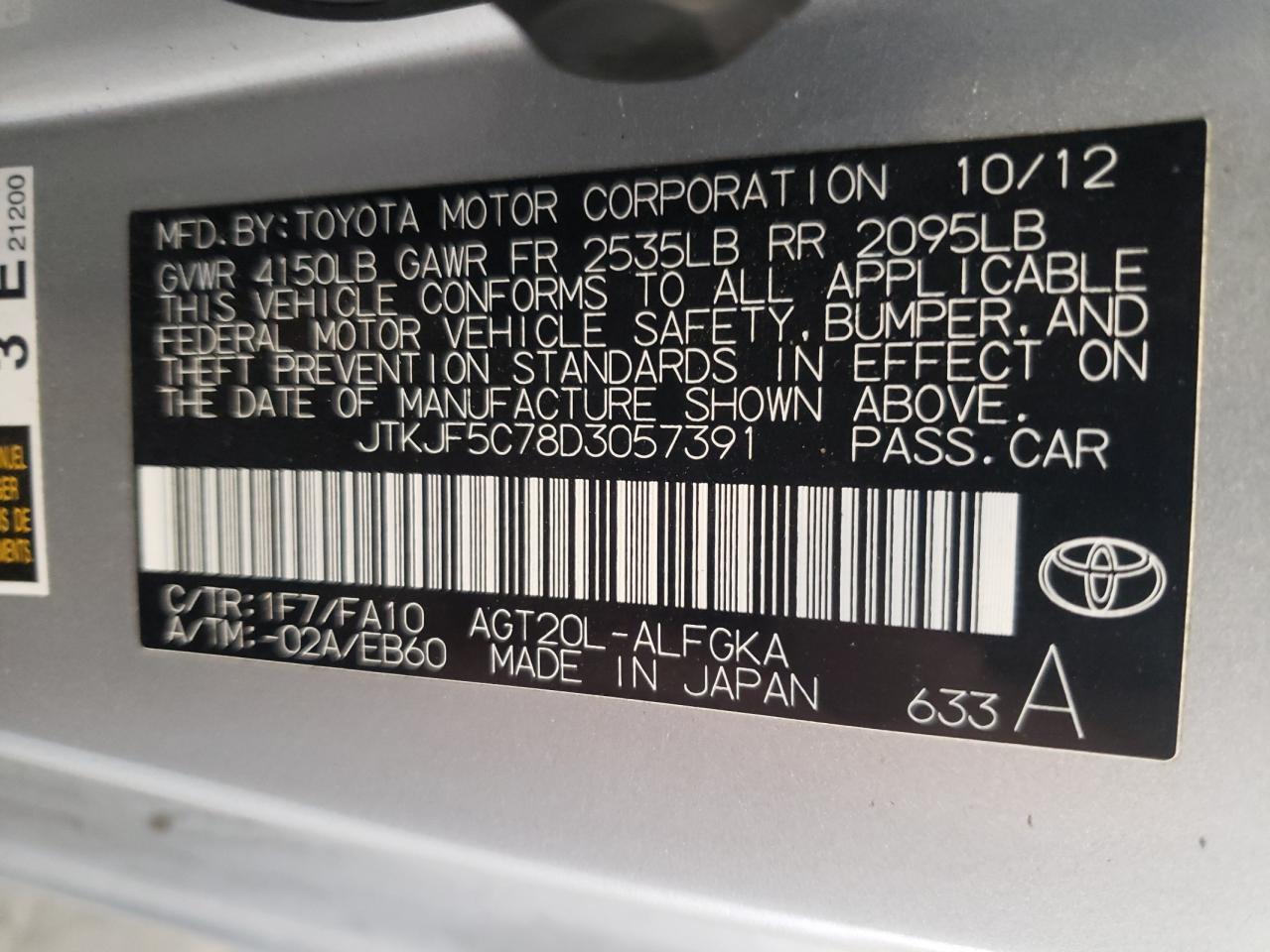 2013 Toyota Scion Tc VIN: JTKJF5C78D3057391 Lot: 85297265