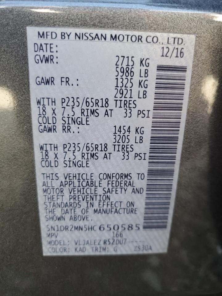 2017 Nissan Pathfinder S VIN: 5N1DR2MN5HC650585 Lot: 85074395