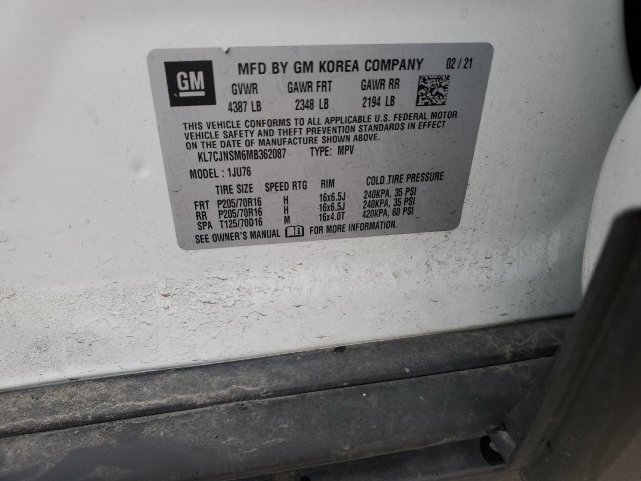 2021 Chevrolet Trax Ls VIN: KL7CJNSM6MB362087 Lot: 82696745