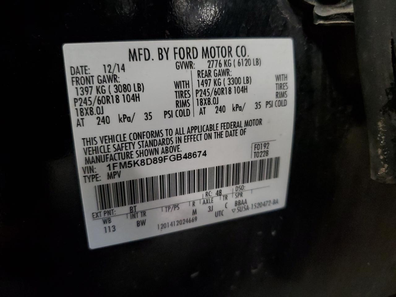 2015 Ford Explorer Xlt VIN: 1FM5K8D89FGB48674 Lot: 85098195