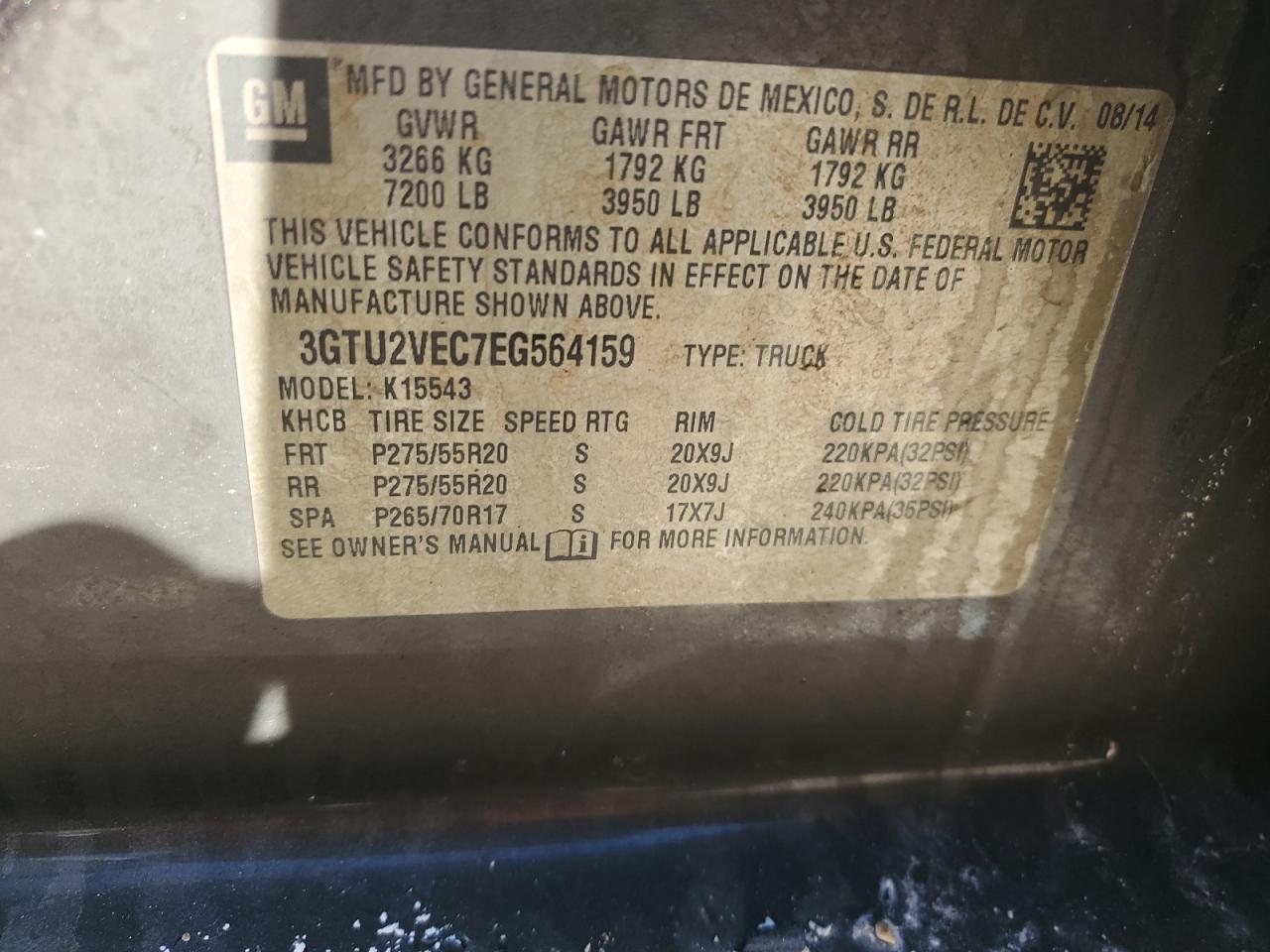 2014 GMC Sierra K1500 Slt VIN: 3GTU2VEC7EG564159 Lot: 82222845