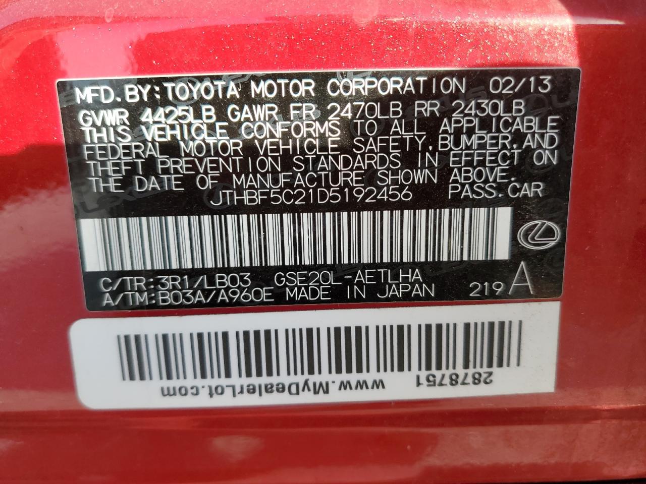 2013 Lexus Is 250 VIN: JTHBF5C21D5192456 Lot: 90896995