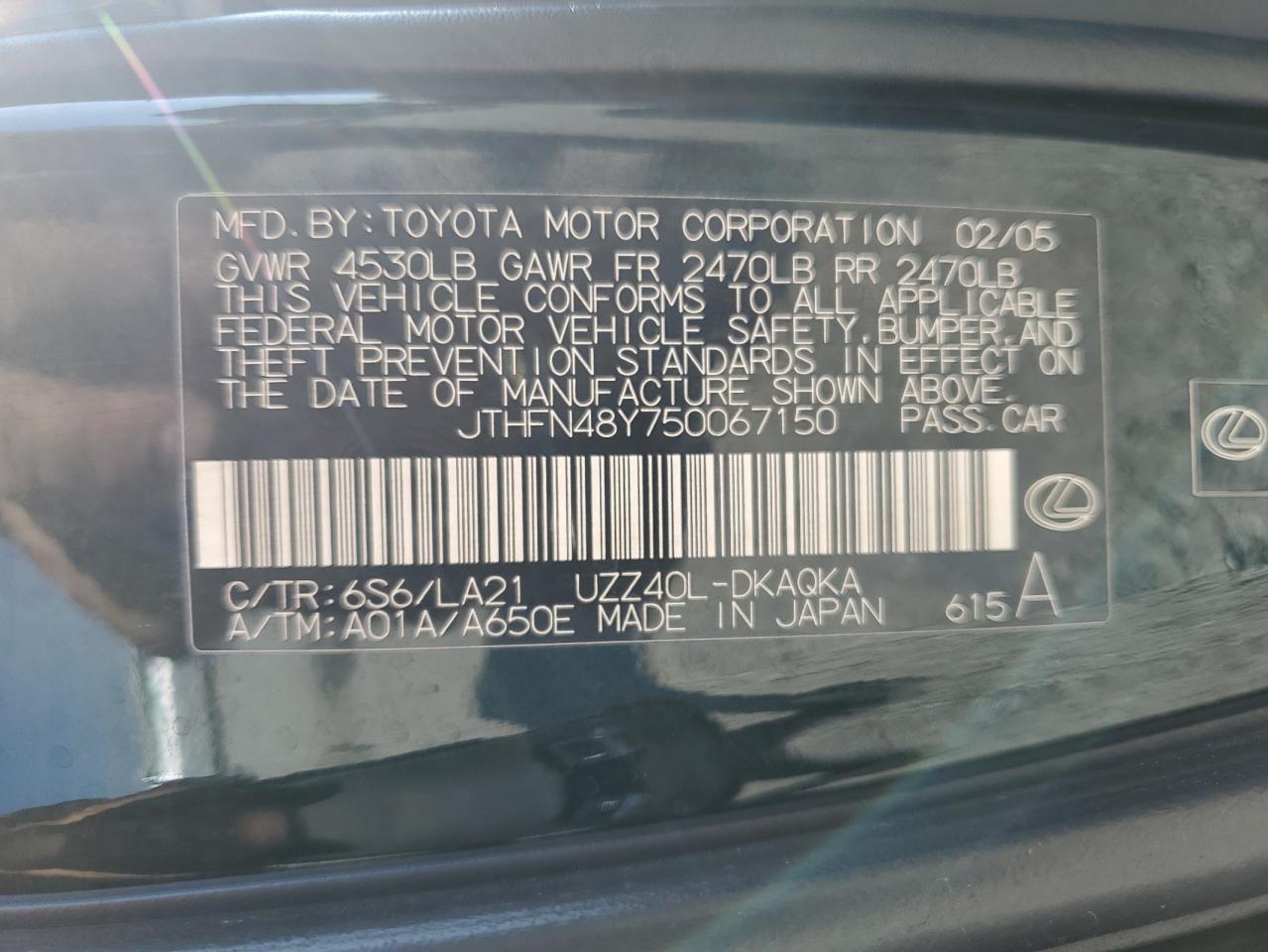 2005 Lexus Sc 430 VIN: JTHFN48Y750067150 Lot: 85718385