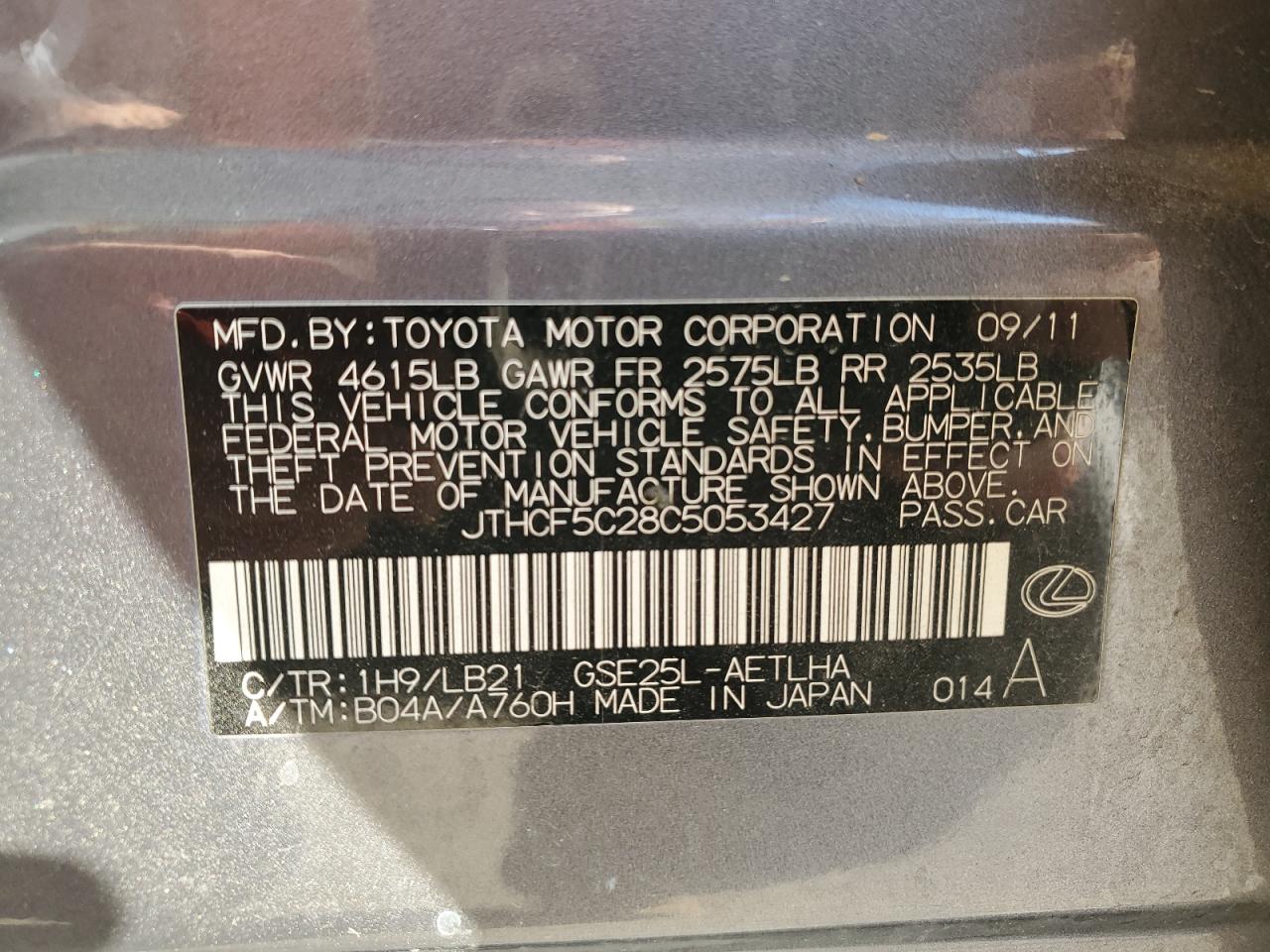 2012 Lexus Is 250 VIN: JTHCF5C28C5053427 Lot: 82375585