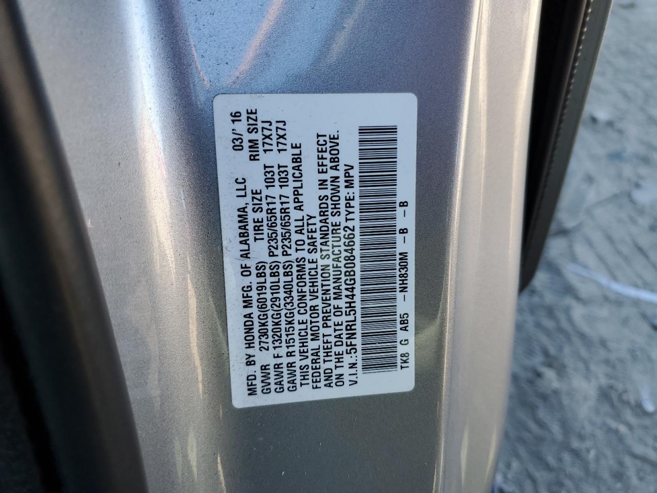 2016 Honda Odyssey Ex VIN: 5FNRL5H44GB084662 Lot: 87011705