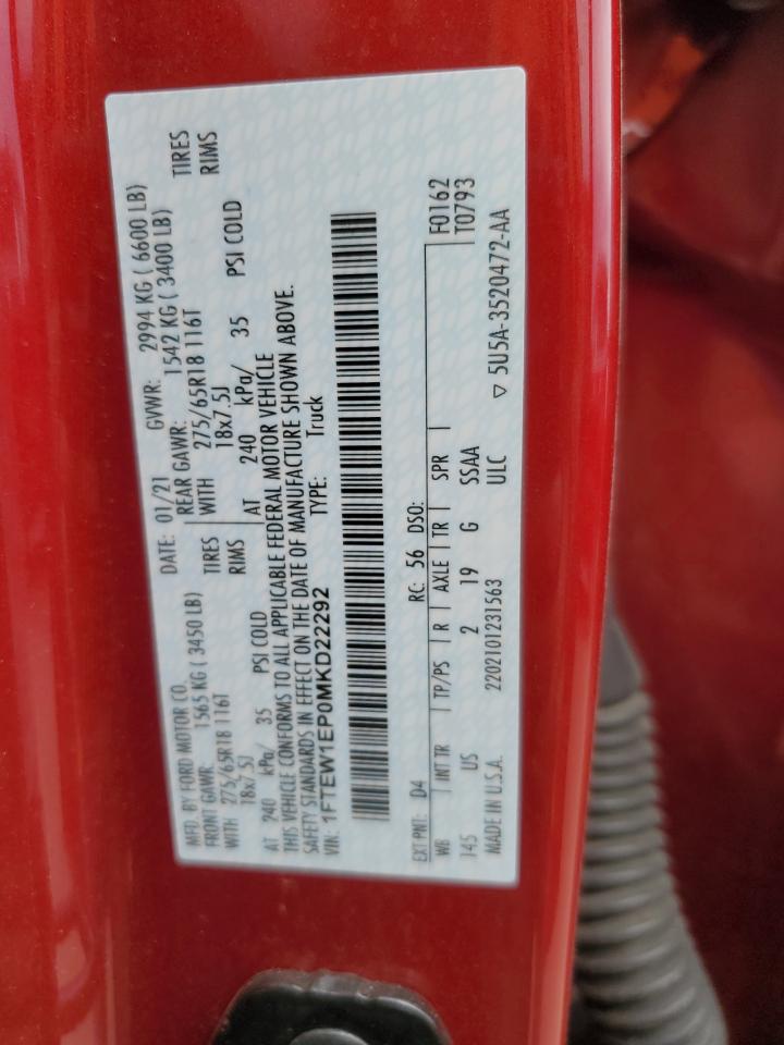 2021 Ford F150 Supercrew VIN: 1FTEW1EP0MKD22292 Lot: 90233465