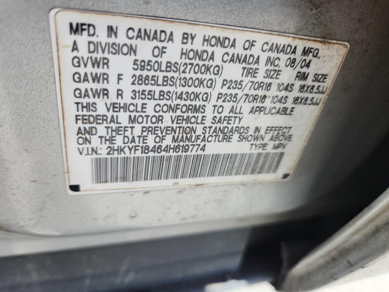 2004 Honda Pilot Ex VIN: 2HKYF18464H619774 Lot: 87435055