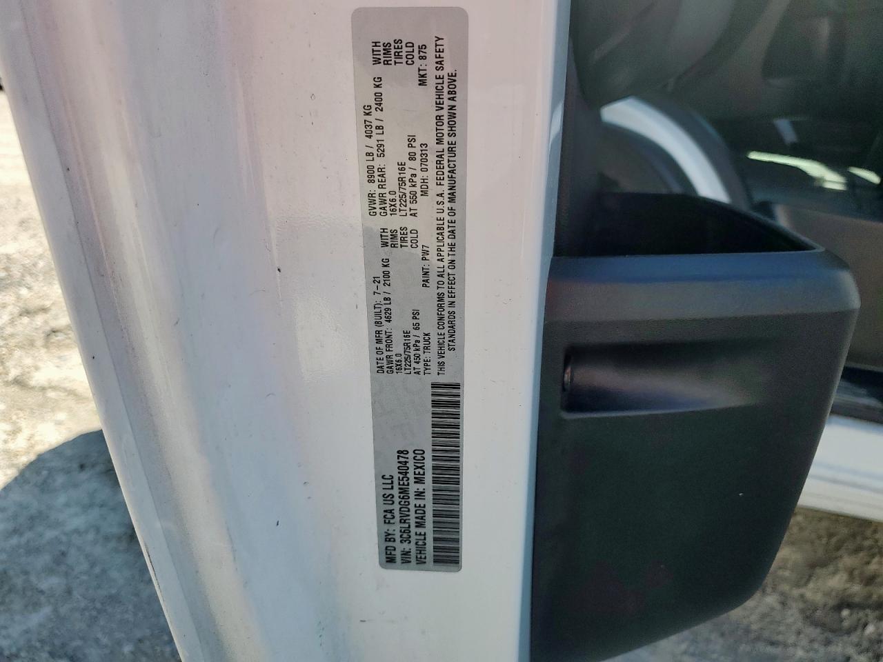 2021 Ram Promaster 2500 2500 High VIN: 3C6LRVDG6ME540478 Lot: 85747475
