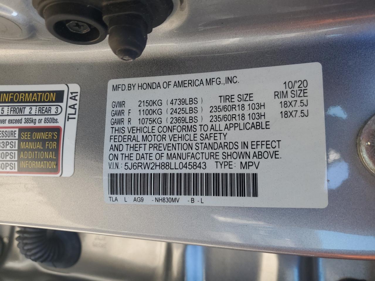 2020 Honda Cr-V Exl VIN: 5J6RW2H88LL045843 Lot: 82681495